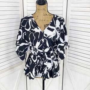 Banana Republic Floral Butterfly Flared Sleeve Tie Waist Blouse Black White PS